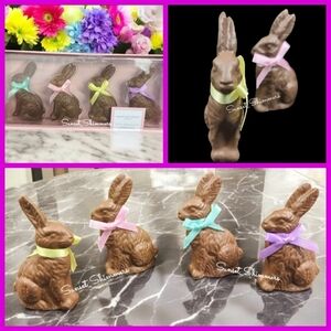 4 Faux Chocolate Easter Bunny Rabbit Coquette Bow Figure Statue Props Decor NEW